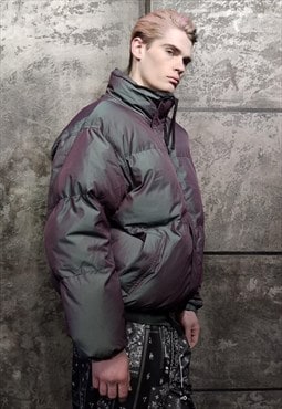 Luminous bomber shiny jacket reflective puffer silver purple