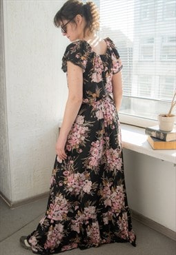 Vintage 80's Black Floral Print Maxi Dress