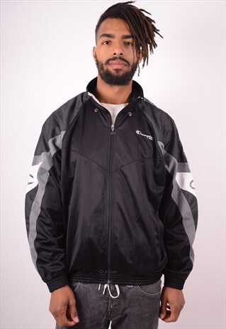 CHAMPION MENS VINTAGE TRACKSUIT TOP JACKET LARGE BLACK 90S