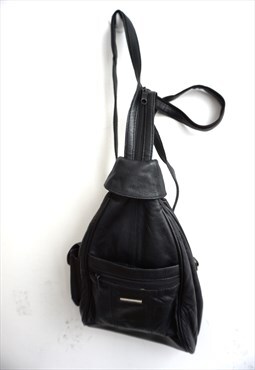 Vintage Black Leather Backpack Shoulder Bag Purse Hand Bag 