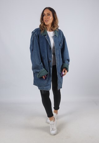 VINTAGE DENIM JACKET OVERSIZED LONGLINE CHECKED UK 18 (DKBL)