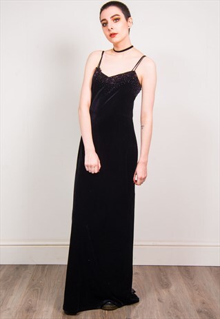 VINTAGE 90'S BLACK VELVET EMBELISHED MAXI DRESS