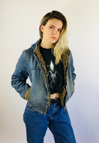 VINTAGE TED BAKER SHEARLING HOODED DENIM JACKET