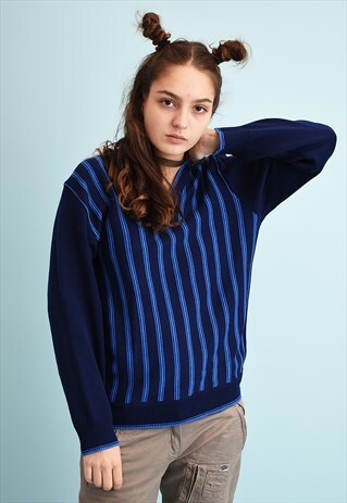 90'S GOES 70'S RETRO STRIPED NAVY BLUE KNIT JUMPER