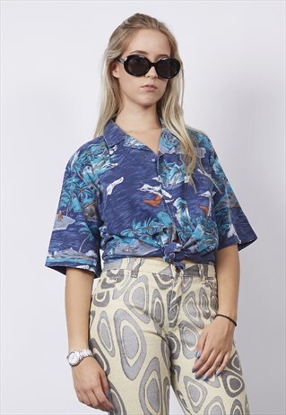 VINTAGE 80'S BLUE BAHAMAS HAWAIIAN PRINT SHIRT