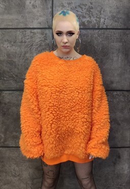 Fluffy long fur sweater in orange fluorescent fleece top
