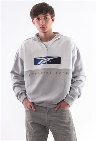 VINTAGE REEBOK PULLOVER SWEATER 90S GREY WHITE BIG LOGO