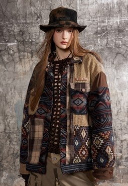 Patchwork ethnic jacket Aztec jean bomber Native American