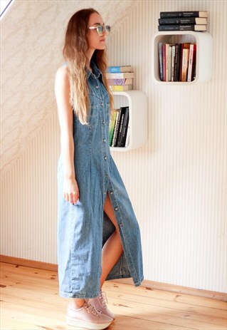 LIGHT BLUE DENIM MIDI SLEEVELESS DRESS