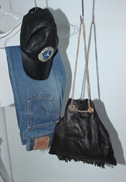 Vintage 70s Real Leather Patchwork Gold Chain Strap Handbag