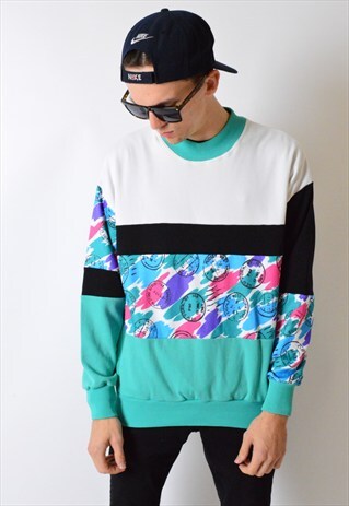 VINTAGE 80S COLOURFUL POST STAMP SWEATSHIRT WITH POCKETS