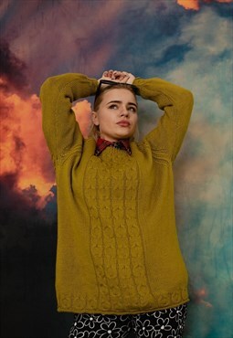 Vintage 80s Roundneck Cable Knit Jumper in Mustard M