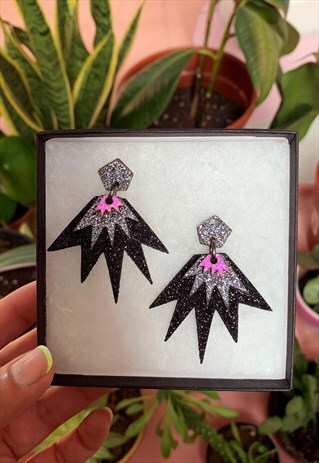 BANG BANG DROP STUD EARRINGS IN BLACK, SILVER & HOT PINK