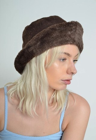 VINTAGE FLUFFY FLEECE BUCKET HAT CAP BROWN