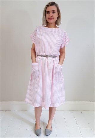 VINTAGE 80'S PINK CANDY STRIPE DAY DRESS W/ POCKETS