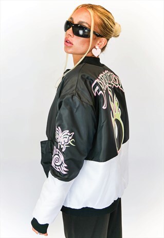 JUNGLECLUB 90S BOMBER JACKET WITH FLAMES PRINT
