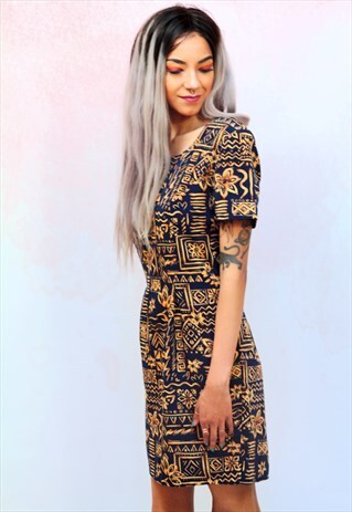 1990S VINTAGE NAVY MINI DRESS WITH GOLD PATTERN