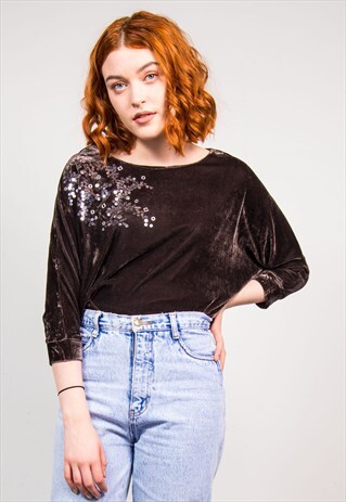 VINTAGE 90'S BROWN SEQUIN DETAIL VELVET TOP
