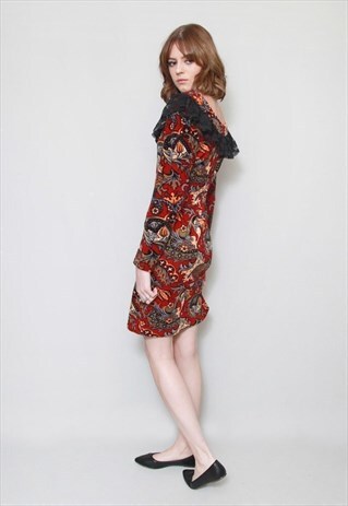 VINTAGE 1970'S CARPET PRINT SOFT VELVET RUFFLED MIDI DRESS