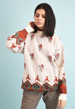 90'S RETRO ROSE & REINDEER PATTERN OVERSIZED KNIT JUMPER