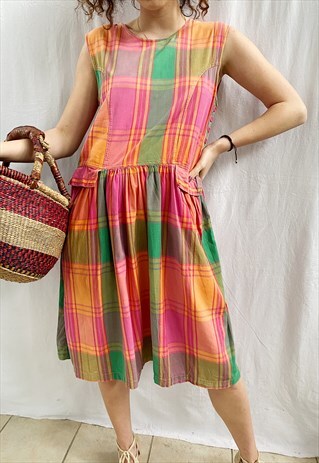 VINTAGE 90S TARTAN CHECK HAUTE BOHEME CHIC MIDI DRESS SUMMER