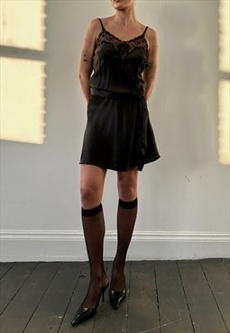 Vintage Slip Dress 90s Wrap Mini Black Satin Sleeveless S