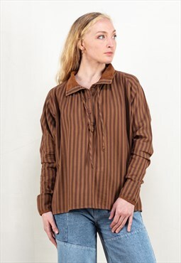 Vintage 70s Striped Flannel Smock Shirt in Brown
