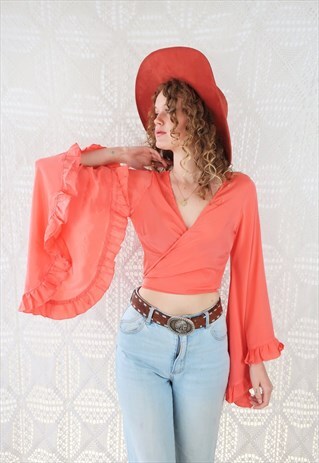 HANDMADE BOHO BELL SLEEVE WRAP TOP - BLOCK COLOUR - PEACH
