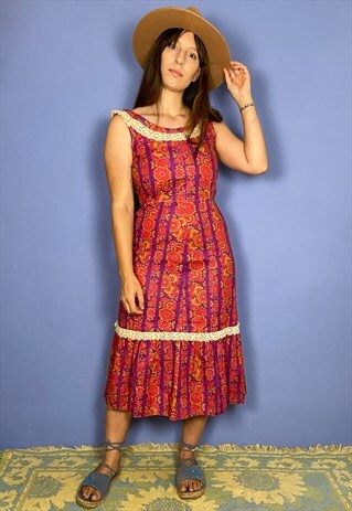 VINTAGE 70'S PATTERNED LACE MIDI DRESS