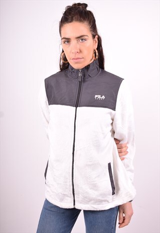 FILA WOMENS VINTAGE FLEECE JACKET MEDIUM WHITE 90'S