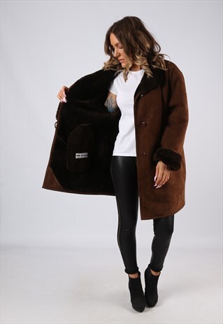 SHEEPSKIN SUEDE LEATHER SHEARLING COAT UK 16 (B9DB)