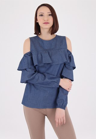 BLUE CHAMBRAY COLD SHOULDER FRILL TOP