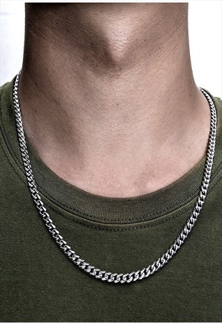 THICK SILVER CURB CHAIN NECKLACE STAINLESS STEEL CHAIN MENS