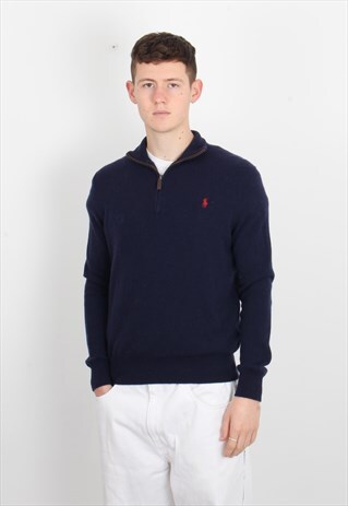 VINTAGE POLO RALPH LAUREN KNITTED 1/4 ZIP SWEATSHIRT BLUE