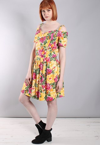 VINTAGE 80S FLORAL BARDOT SKATER MINI DRESS
