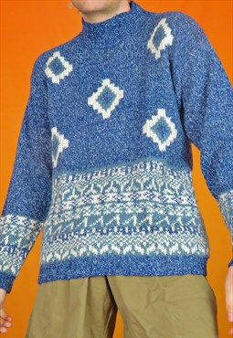 Vintage Funky Aztec Fairisle Print Mock Neck Knitted Sweater