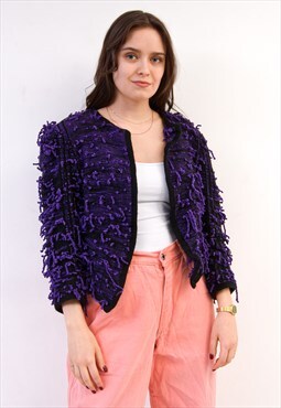 Vintage Women S Wool Cardigan Sweater Jacket Black Purple