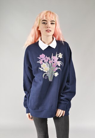 VINTAGE NAVY BLUE PRINTED FLORAL SWEATER
