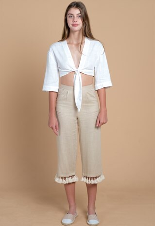 BOB LINEN TASSEL PANTS IN BEIGE (BEIGE TASSELS)