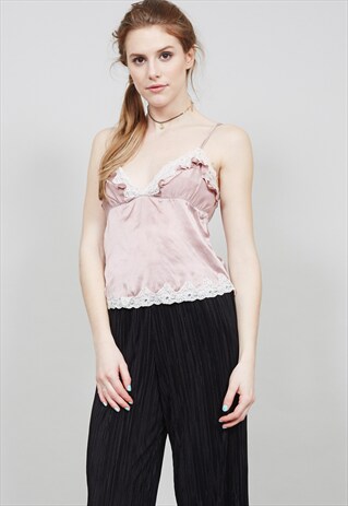 VINTAGE NUDE PINK SATIN SLIP CROP TOP