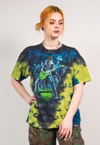 VINTAGE 90'S GREEN & BLUE TIE DYE ZOMBIE GUITARIST T-SHIRT
