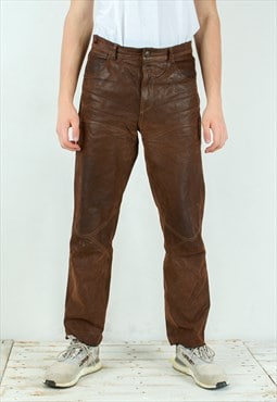 W33 L31 Regular Straight Real Leather Pants Brown Trousers