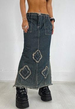 Vintage 90s Denim Skirt Maxi Distressed Grunge Streetwear