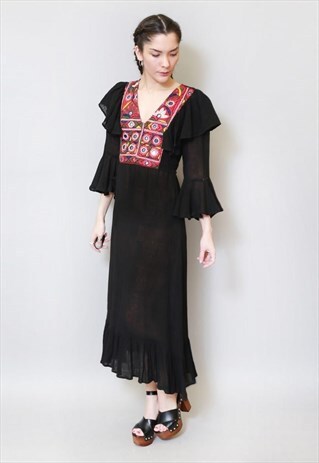 VINTAGE 1970'S BLACK EMBROIDERED CHEESECLOTH MIDI DRESS