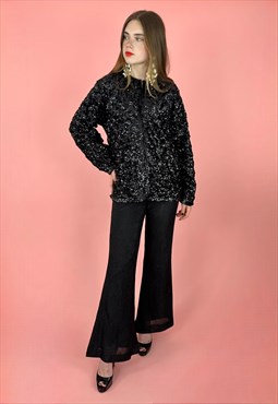 50's Vintage Ladies Black Sequin Long Sleeve Cardigan