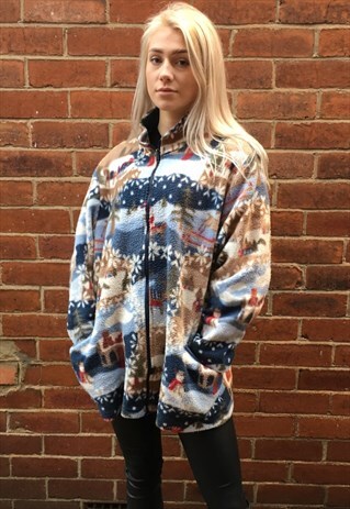VINTAGE OVERSIZED FLEECE PULLOVER JACKET CHRISTMAS L