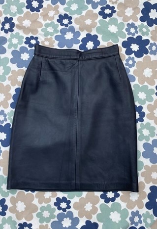 80's Black Leather Ladies Vintage Pencil Mini Skirt XS