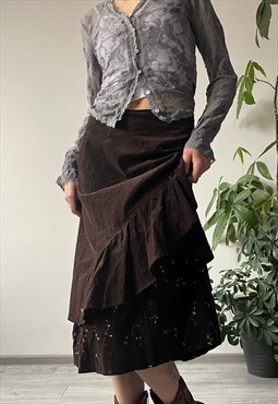 Vintage 90's 00's Dark Brown Corduroy Embroidered Midi Skirt