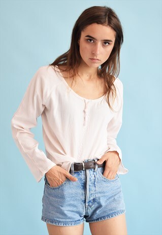 90'S RETRO BOHO CORRUGATED PASTEL BLOUSE TOP
