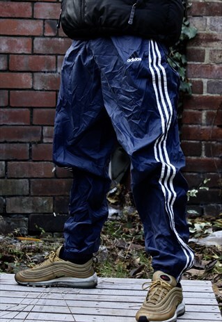 VINTAGE NAVY ADIDAS 3 STRIPE TRACKSUIT BOTTOMS LARGE